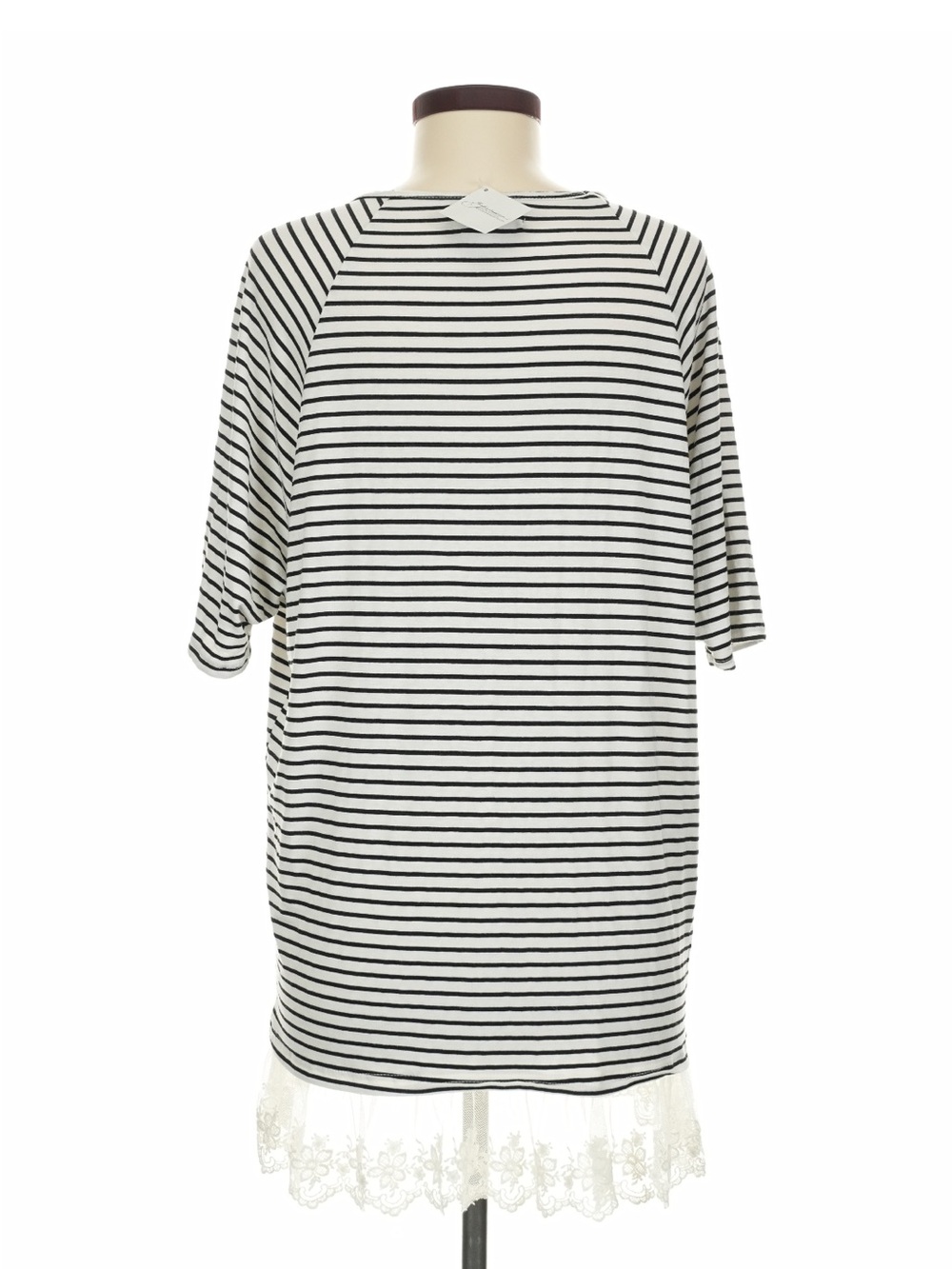 POL NWT Striped Black and White Scoop Neck High-Low Top with Lace Hem M - Picture 2 of 2